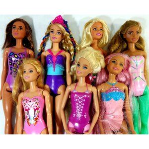 Mattel Barbie Dolls lot of 7 Color Hair Reveal Painted on suits Glitter Legs